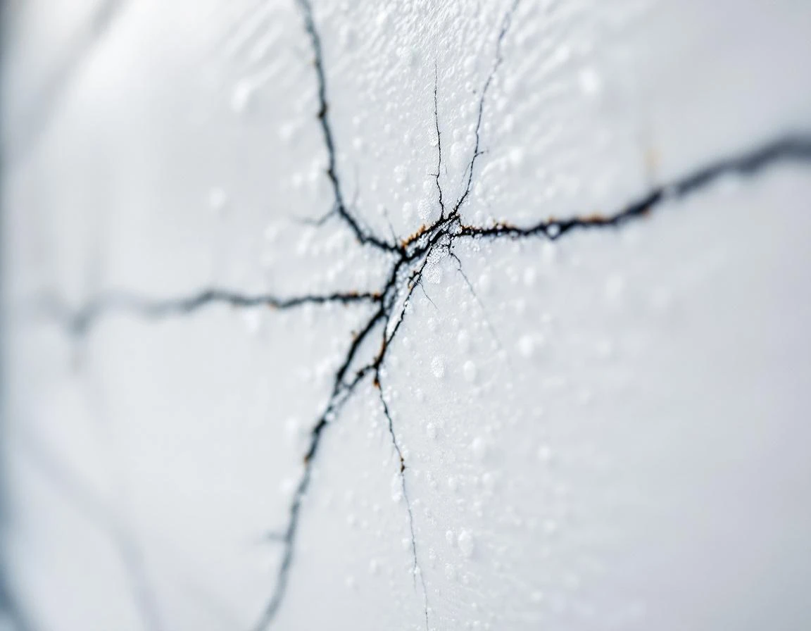 Cracked garage door panel with frost damage and paint deterioration from freeze-thaw cycling