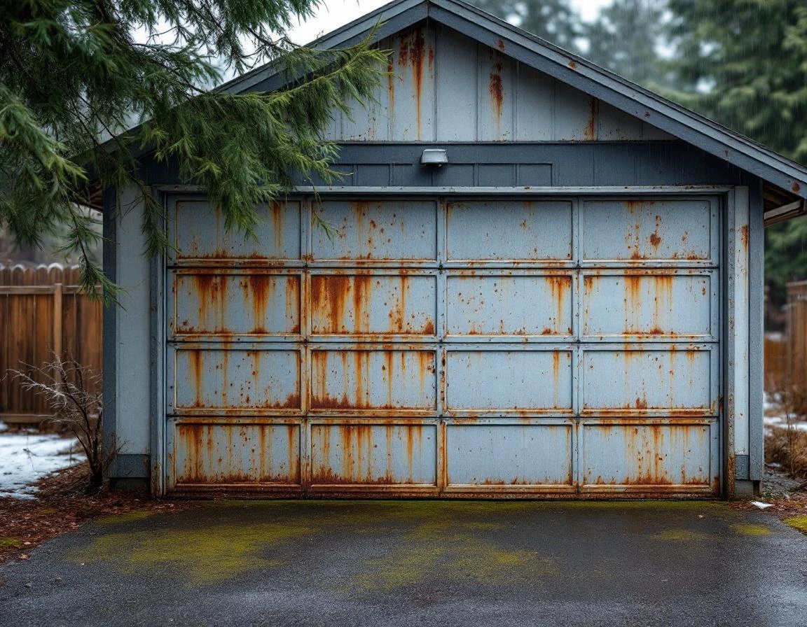 Rust spots and oxidation on steel garage door panel from prolonged moisture exposure in rainy climate