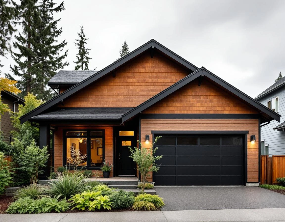 Contemporary craftsman home with black-framed windows and horizontal cedar siding in Portland neighborhood