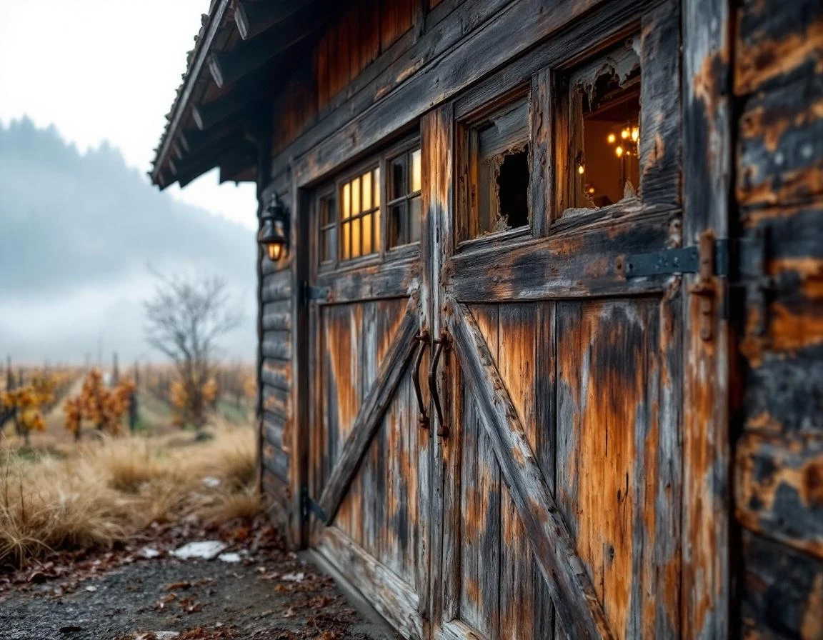 Weathered garage door with visible wood rot and rusted hardware on Willamina wine country home surrounded by valley fog