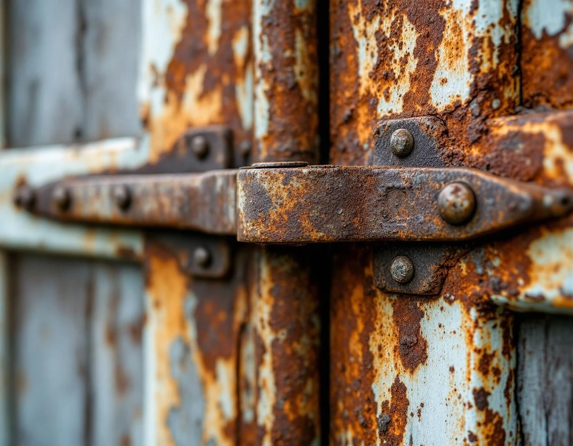 Corroded barn door hardware showing rust damage and paint deterioration from Tualatin Valley moisture exposure