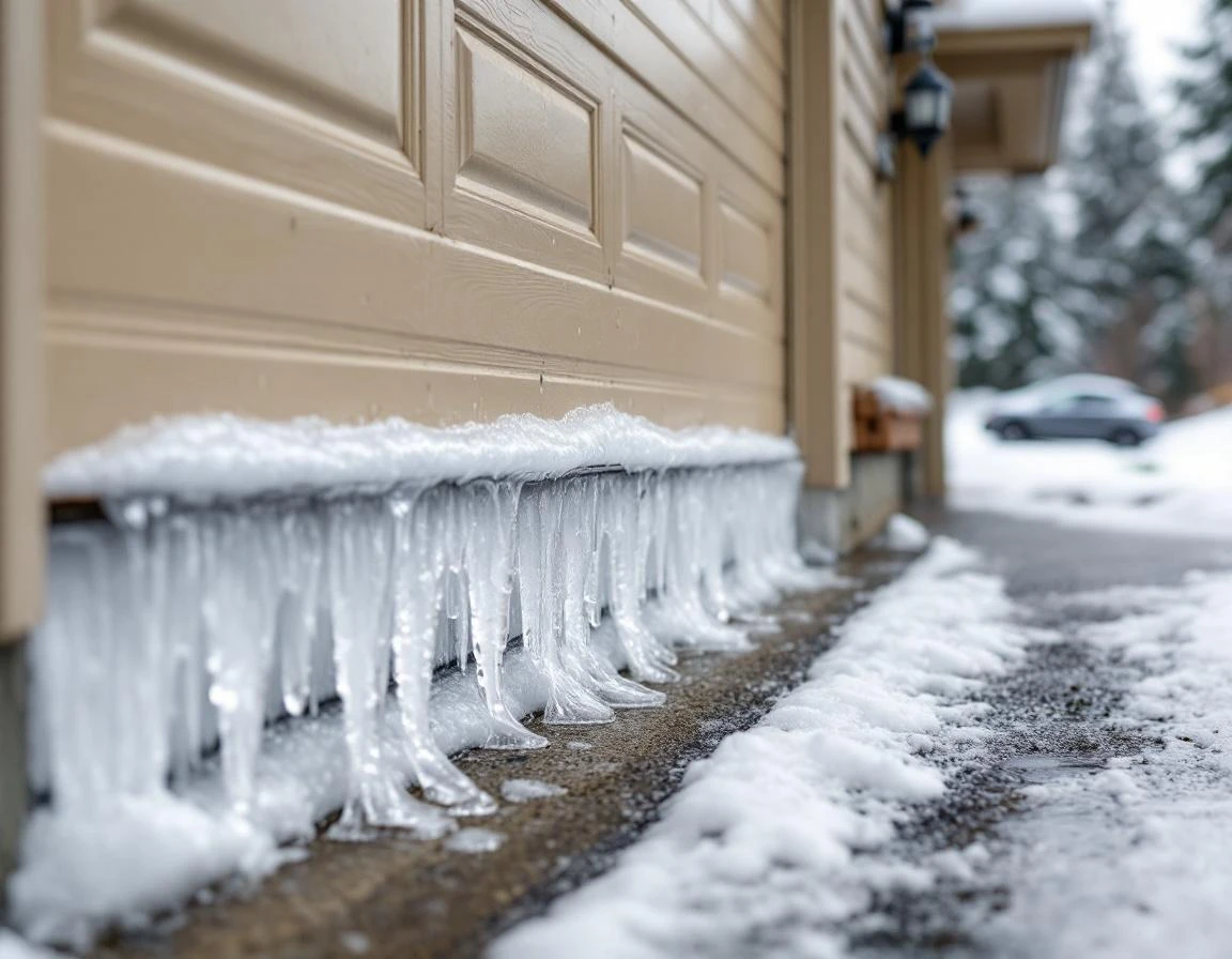 Ice dam formation along garage door bottom seal with icicles and frozen buildup on residential property