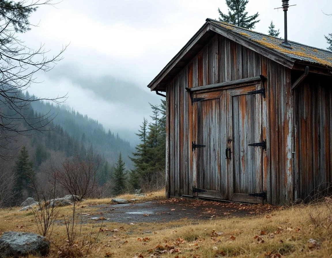 Weathered wood workshop garage in La Center foothills showing aged materials and mountain exposure