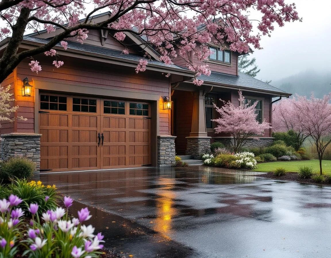 Historic McMinnville Craftsman home with restored carriage-style garage door and flowering cherry trees on spring morning