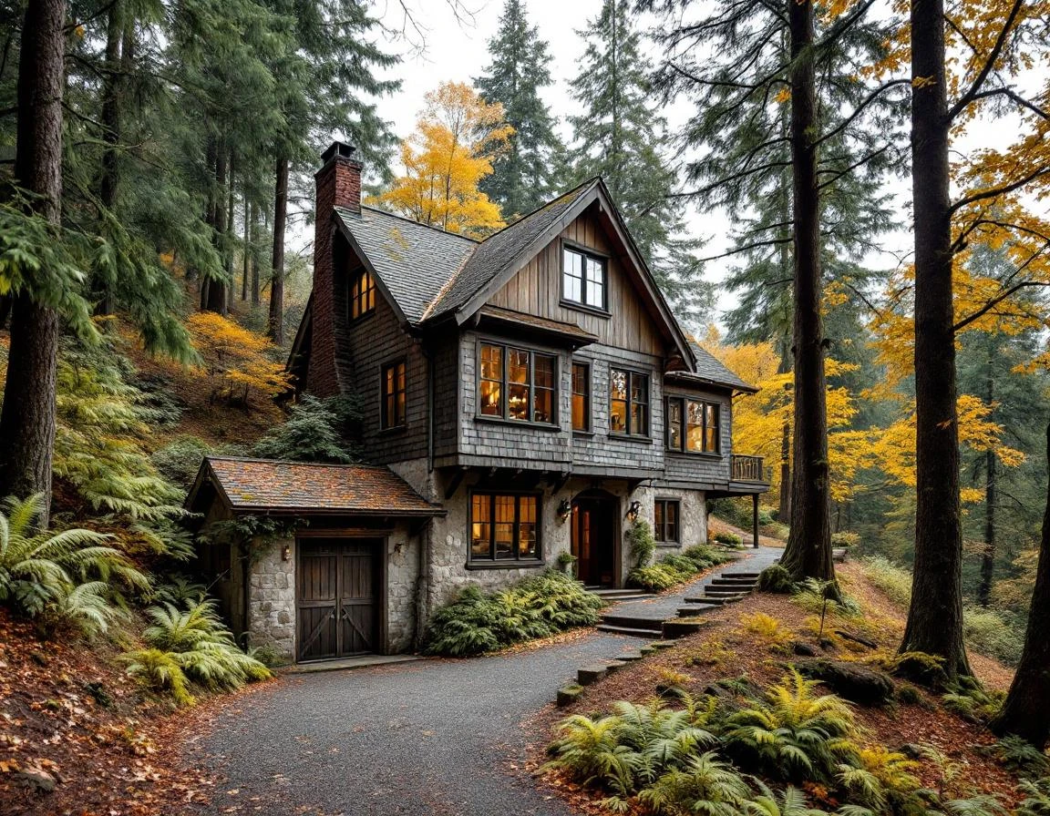 Historic hillside cottage with detached garage on steep Oregon City slope showing foundation settling patterns