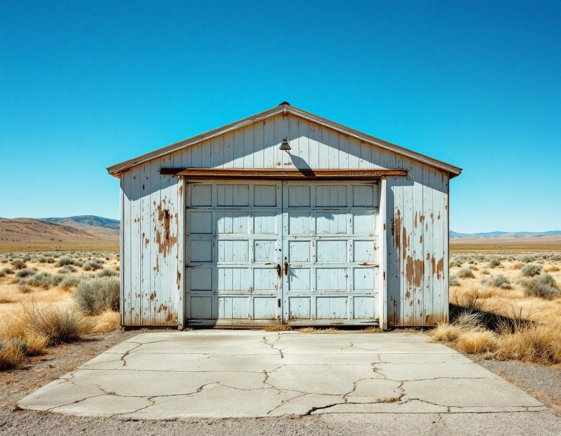 Weathered detached garage with agricultural-style door in Goldendale's high desert showing temperature damage