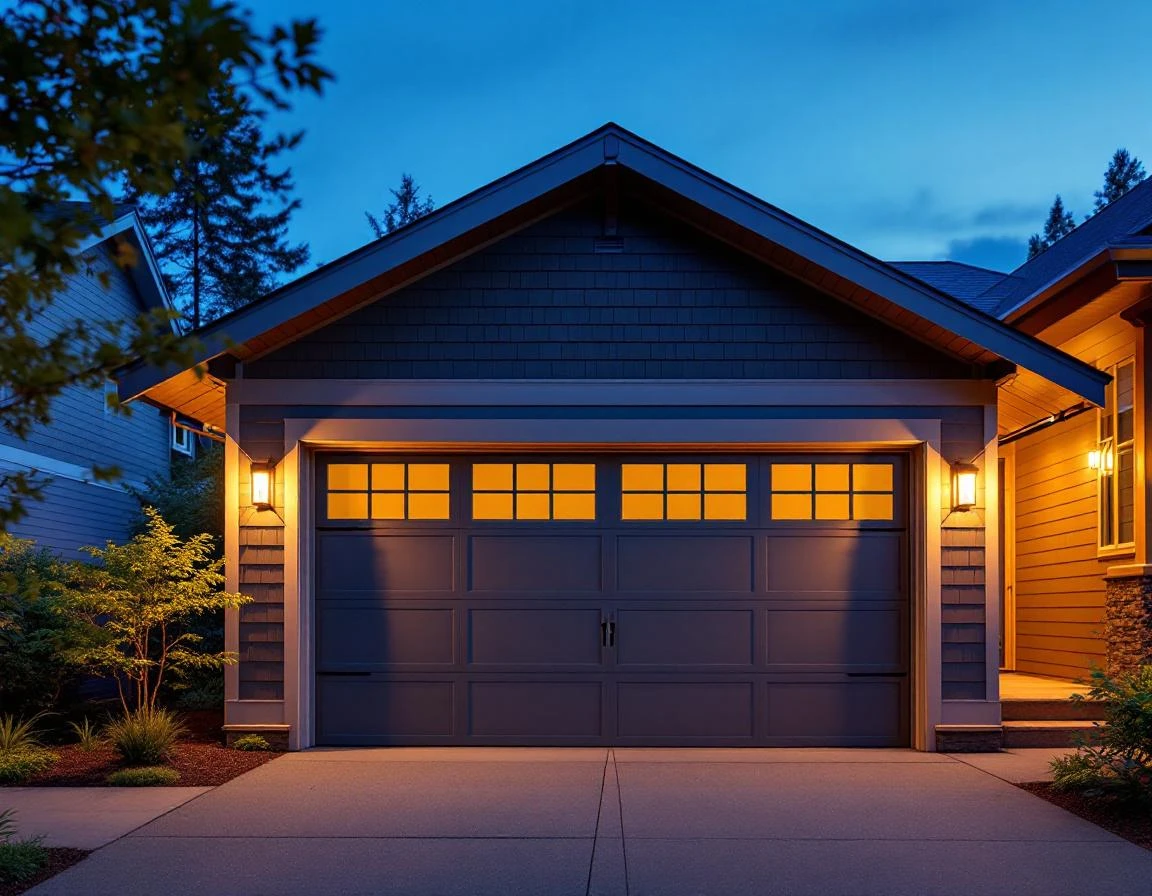 Modern garage entrance with keyless entry lock and motion-sensor security lighting at dusk in Portland