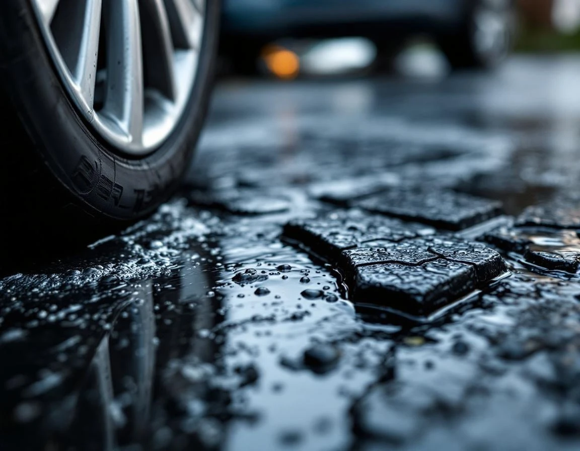 Close-up of car tire tread pattern showing depth and condition on wet pavement