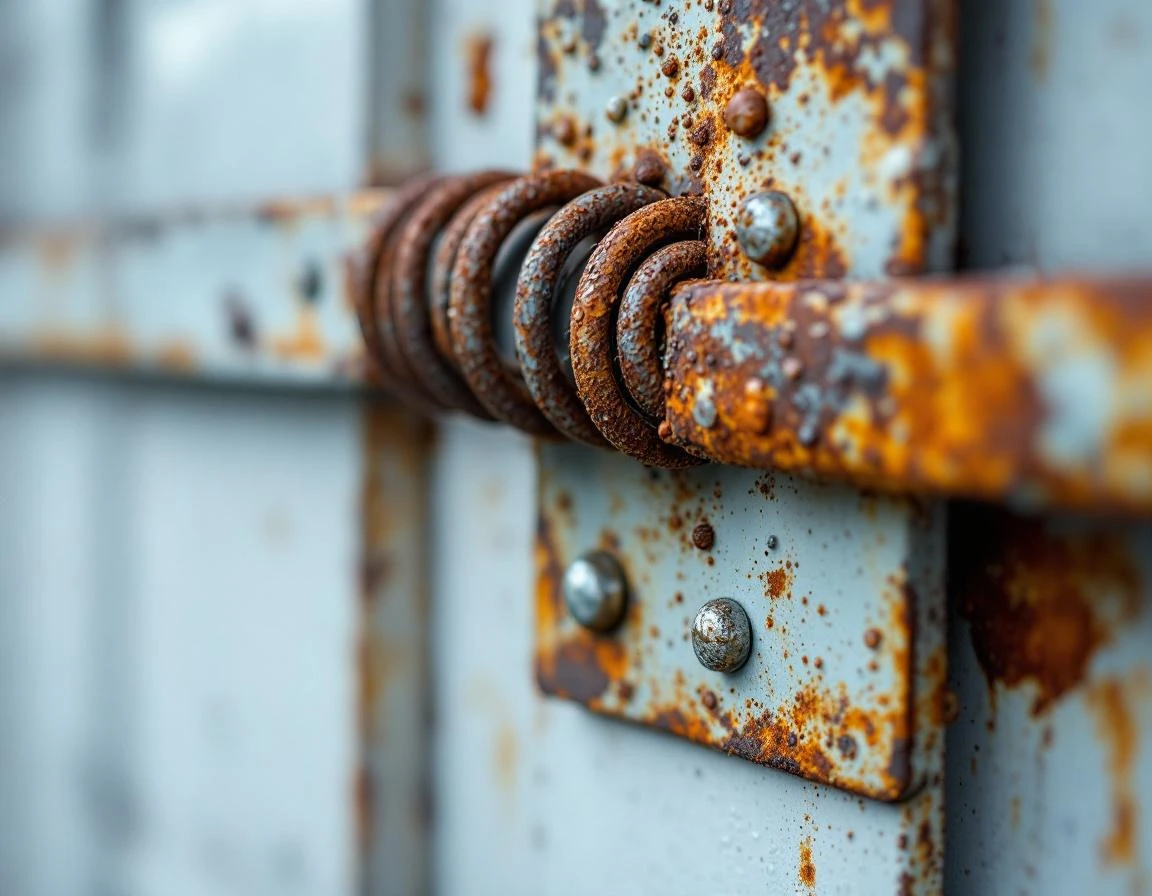 Rusted garage door spring and hardware showing moisture damage from winter fog exposure