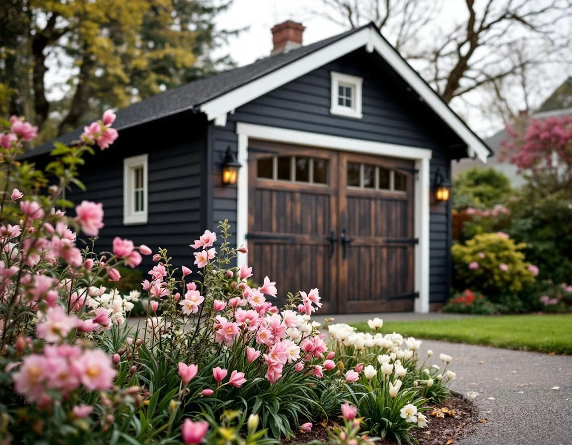 Historic Craftsman detached garage with wood barn doors and spring flowers in Forest Grove Old Town neighborhood
