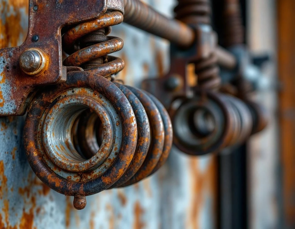 Heavy-duty torsion springs with rust patina and weathered mounting brackets on rural workshop garage door