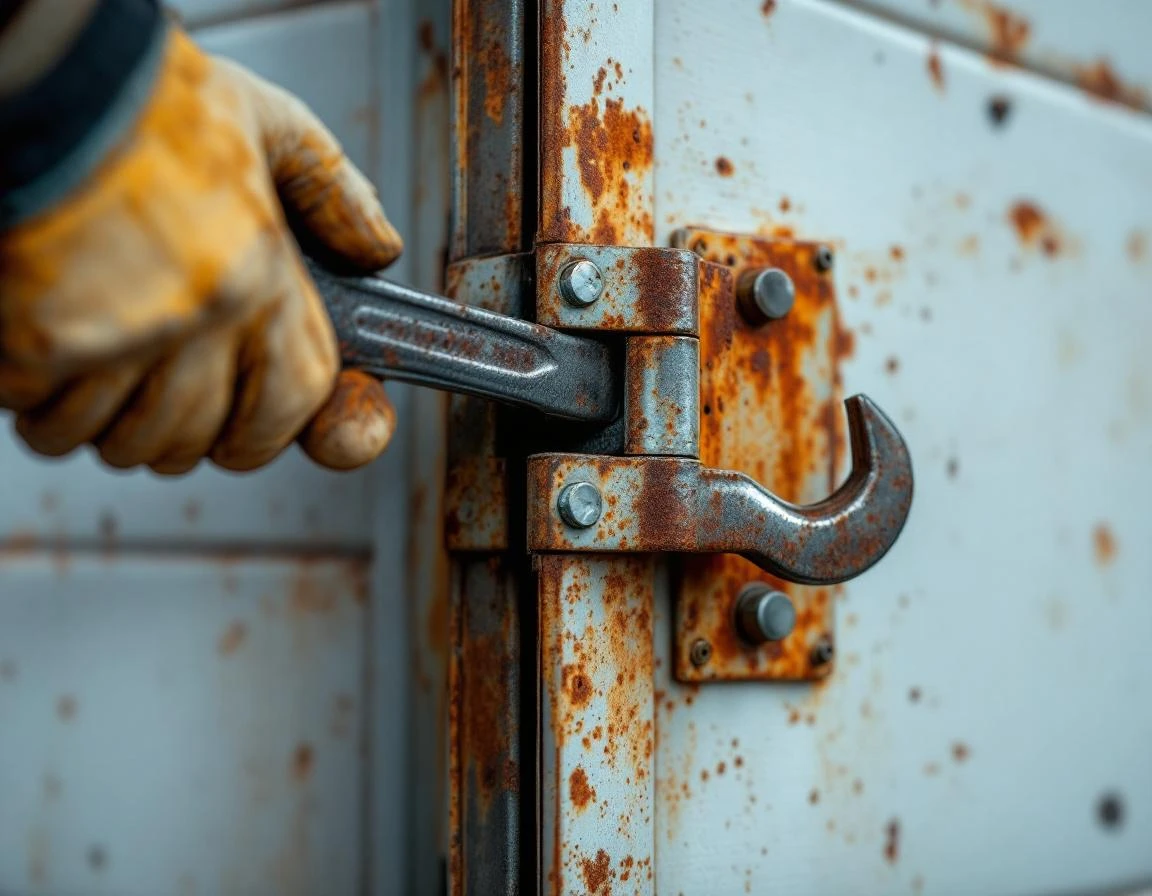 Weathered garage door hinge being tightened with wrench showing rust damage from Columbia River Gorge wind exposure