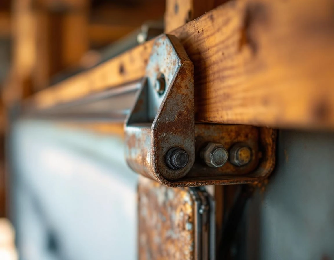 Corroded garage door roller bracket and mounting hardware showing wind damage in Columbia Gorge conditions