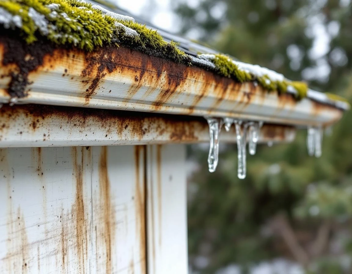 Weathered gutter showing freeze-thaw damage, rust streaking, and moss growth on mid-century Vancouver home