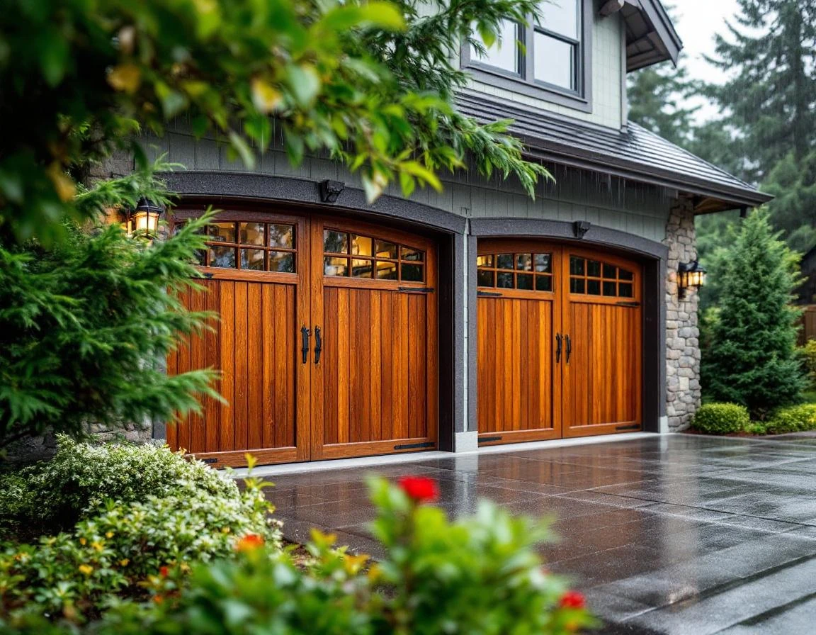 Custom wood carriage garage door with moisture-barrier coating beading rainwater in West Linn neighborhood