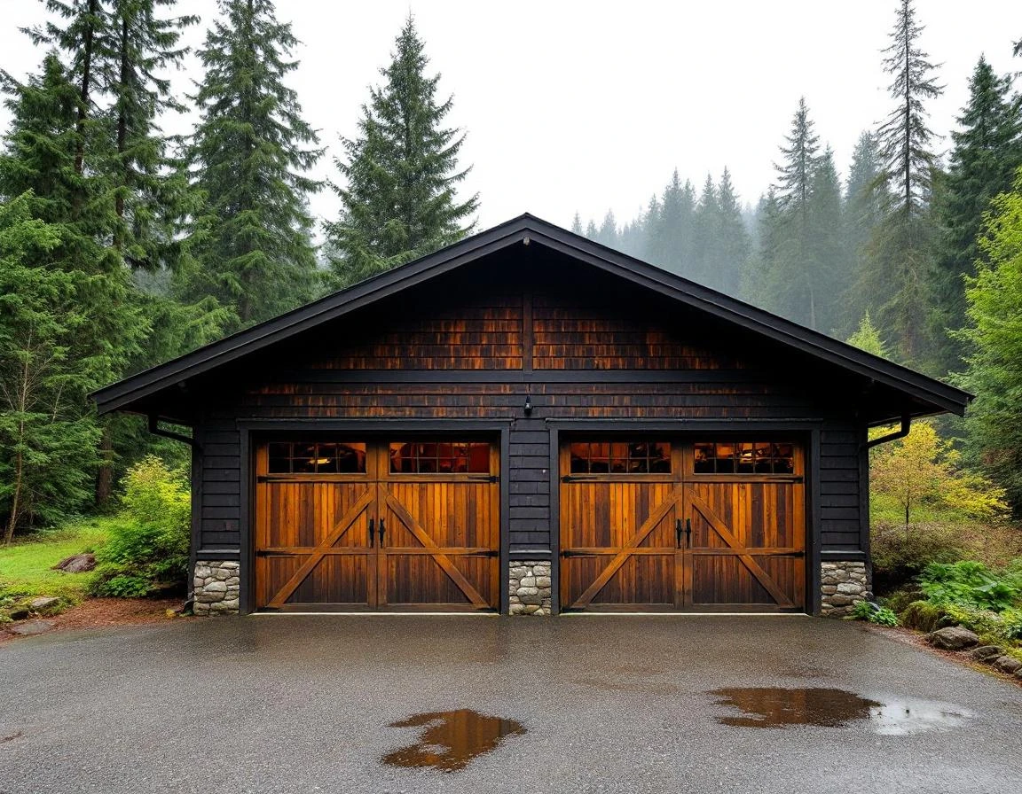 Detached garage with heavy-duty doors and opener system in Estacada's forested foothills storing recreational equipment