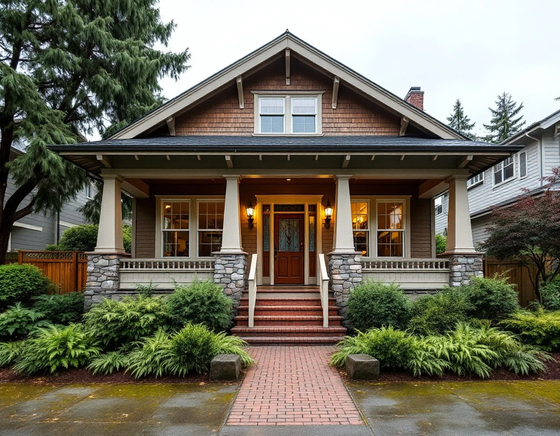 Craftsman home in Portland with exposed rafters, tapered columns, and native Pacific Northwest landscaping