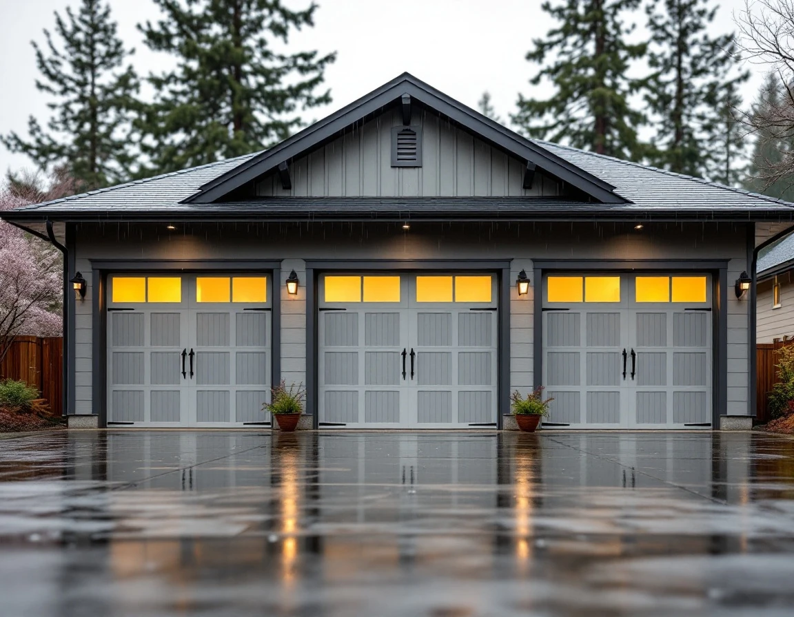 Modern three-car garage with insulated panels and contemporary openers on newer Battle Ground home after spring rain