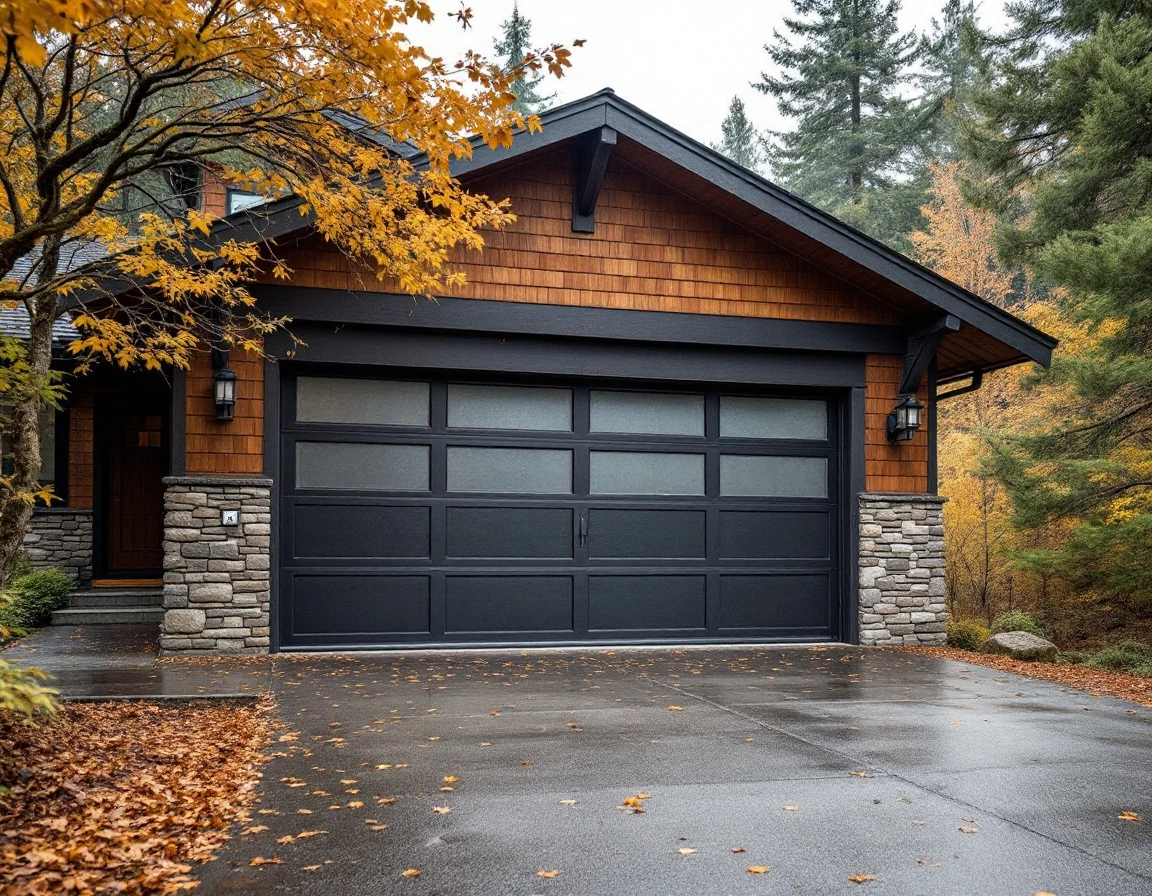 Wind-rated garage door on Columbia Gorge home showing weathered panels and autumn foliage