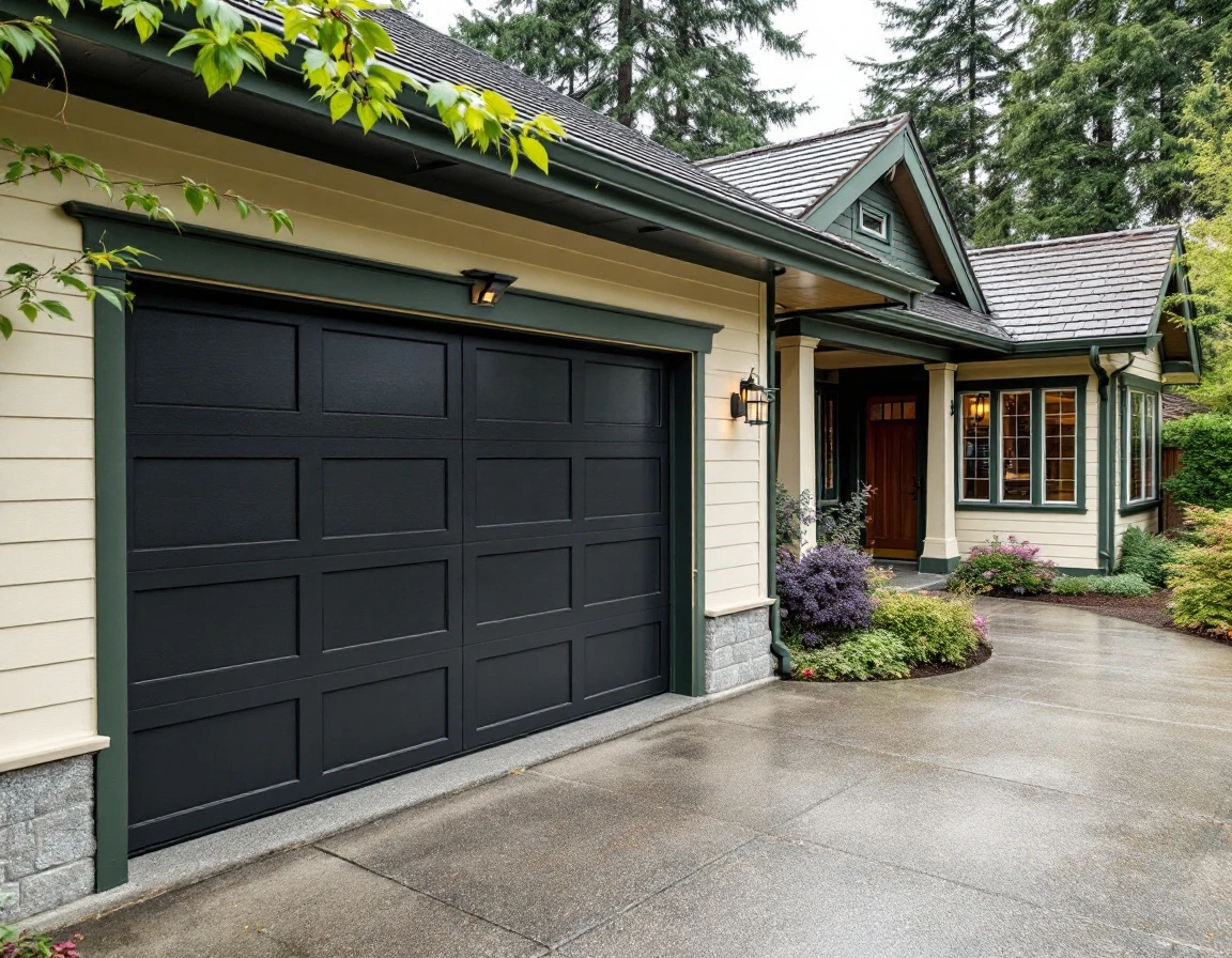 Craftsman garage with modern charcoal door complementing traditional Portland architectural details