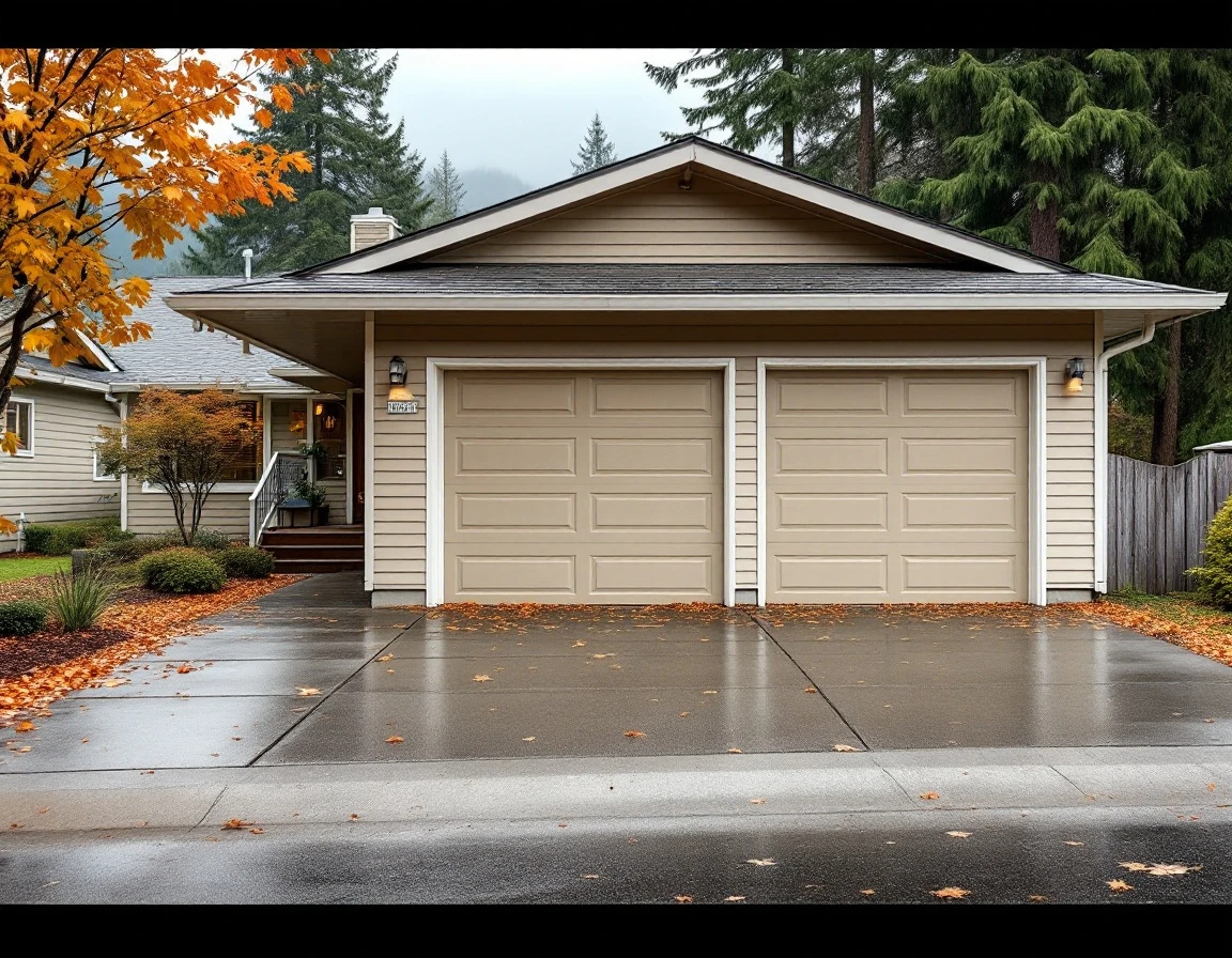 Two-car garage with metal panel door on 1970s planned community home in North Bonneville against misty mountain backdrop