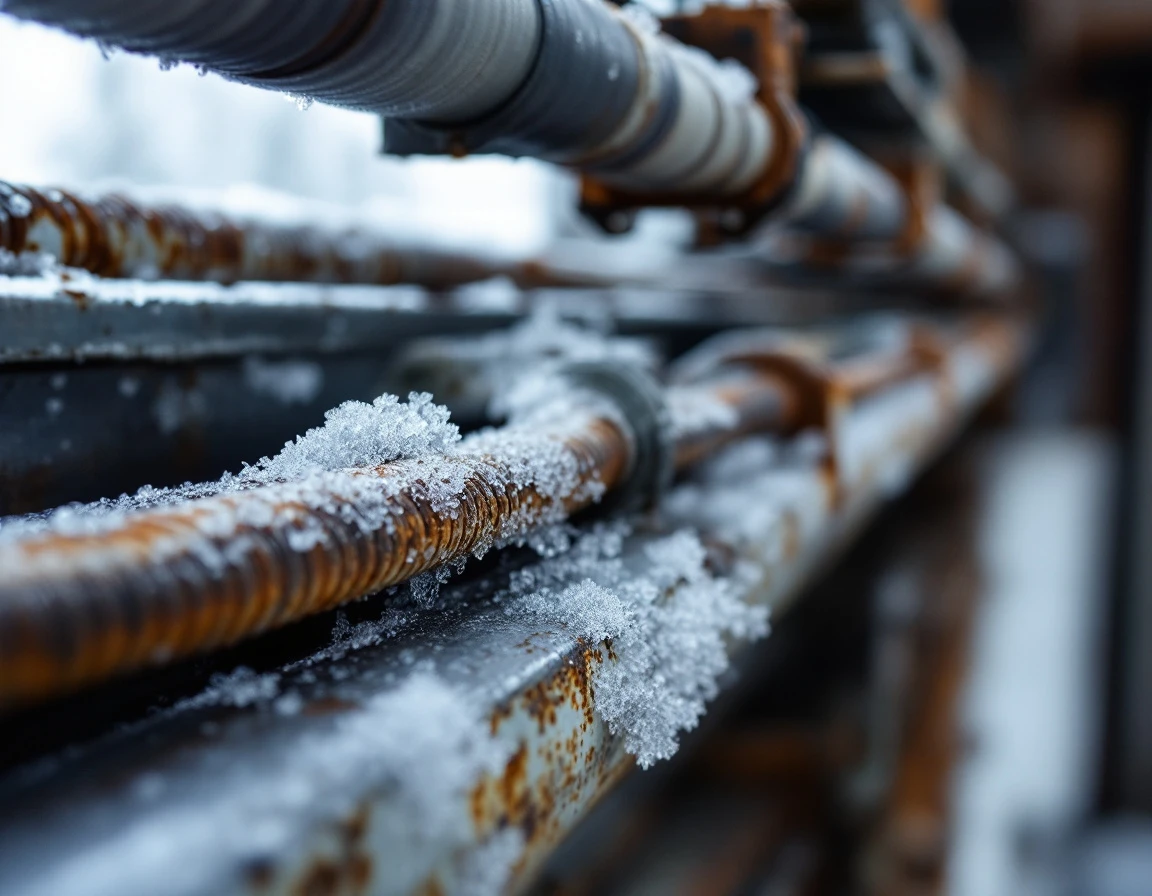 Frost-covered garage door springs showing moisture damage and rust from Tualatin Valley freeze-thaw cycles