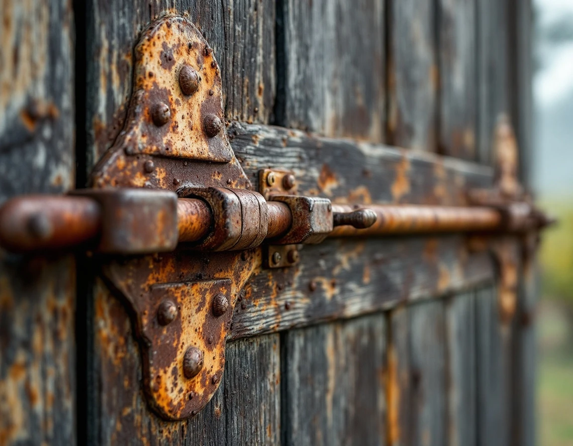 Rusty metal hinges and hardware on vintage garage door showing moisture damage from Oregon wine country fog