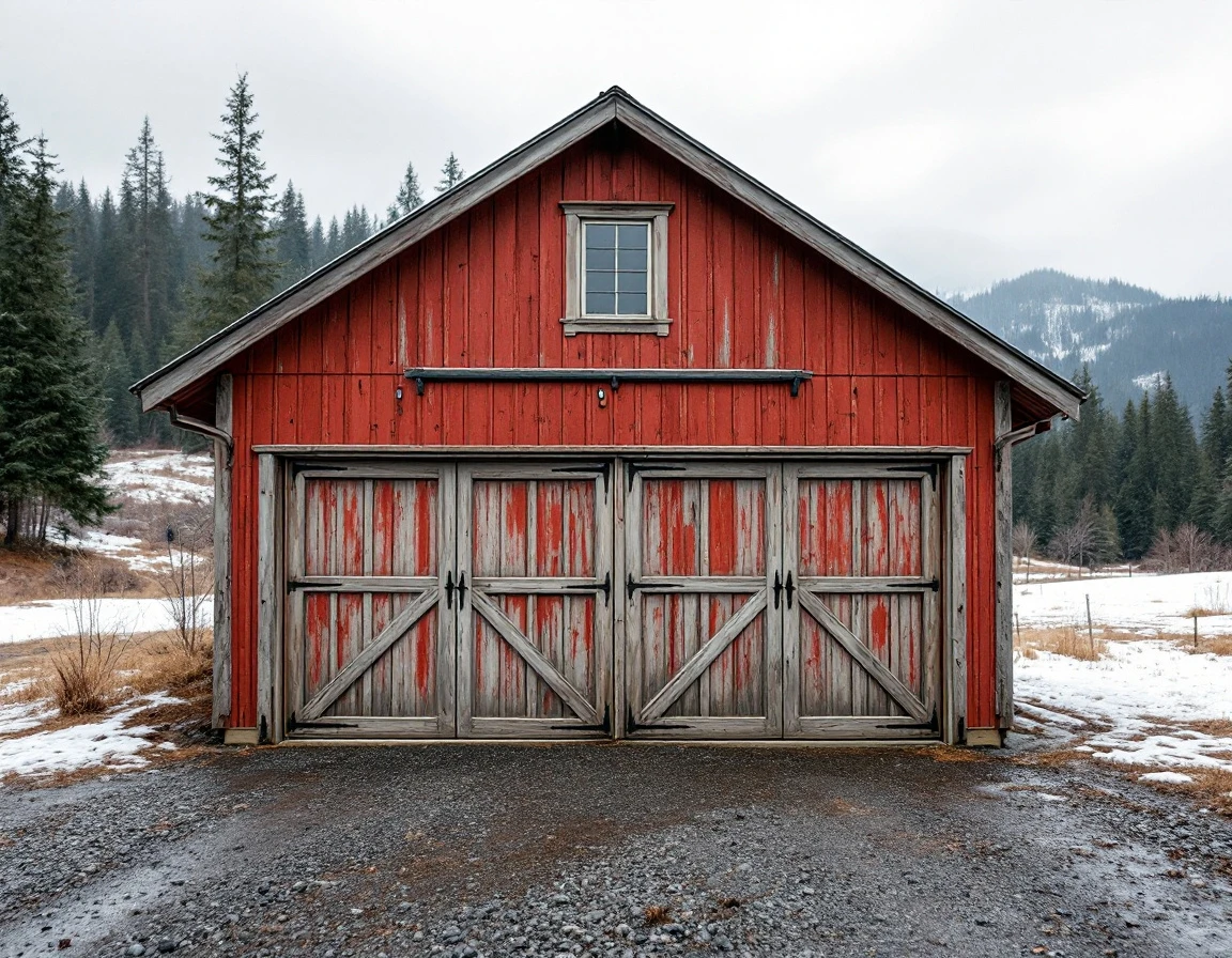 Weathered red barn garage with wooden doors on snowy acreage property in North Clark County foothills