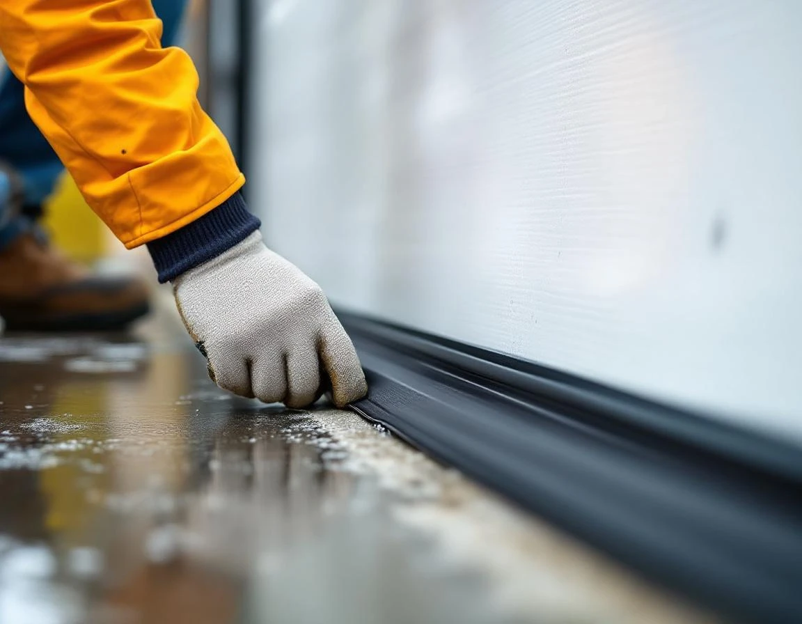 Weatherstripping installation detail on oversized garage door base with moisture protection seal