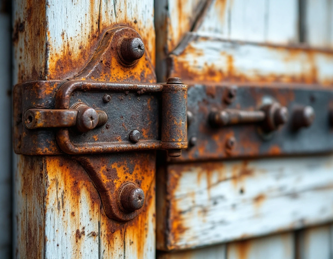 Rusted barn door hinge hardware on weathered wooden door showing decades of moisture exposure and oxidation patterns