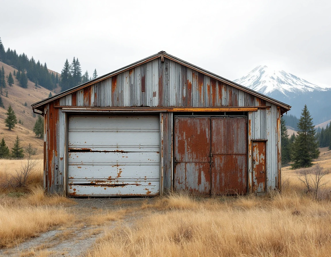 Weathered industrial garage with rusted metal doors showing wind damage in Bingen's Columbia Gorge spring conditions