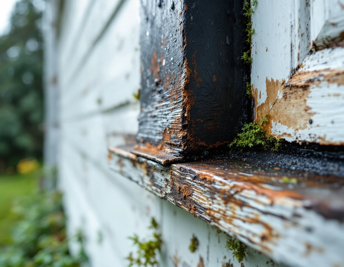 Weathered white garage trim with rust stains, peeling paint, and black weatherstripping showing moisture damage