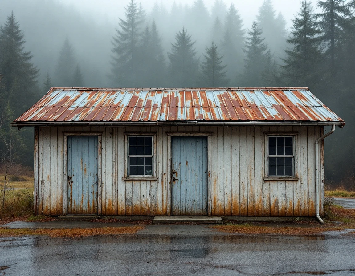 Weathered workshop garage showing moisture damage and freeze-thaw wear near East Fork Lewis River valley