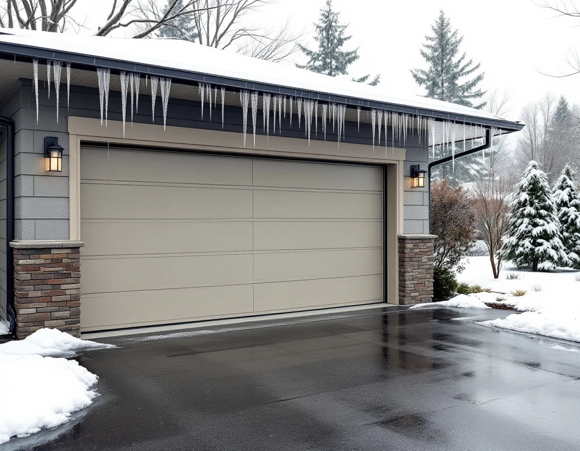 Modern two-car garage door with icicles during Pacific Northwest winter ice storm in Ridgefield