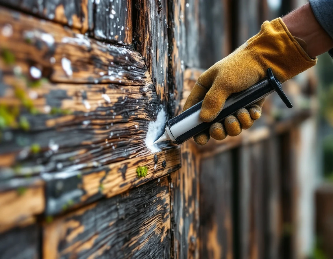 Hand applying clear weatherproof sealant to moisture-damaged wooden garage door frame with moss growth
