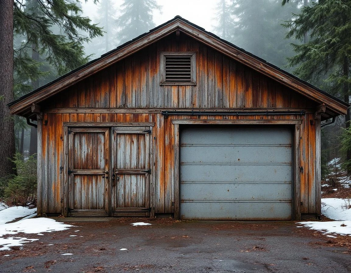 Weathered detached garage with steel door in wooded Woodland foothills showing snow load on roof and natural patina