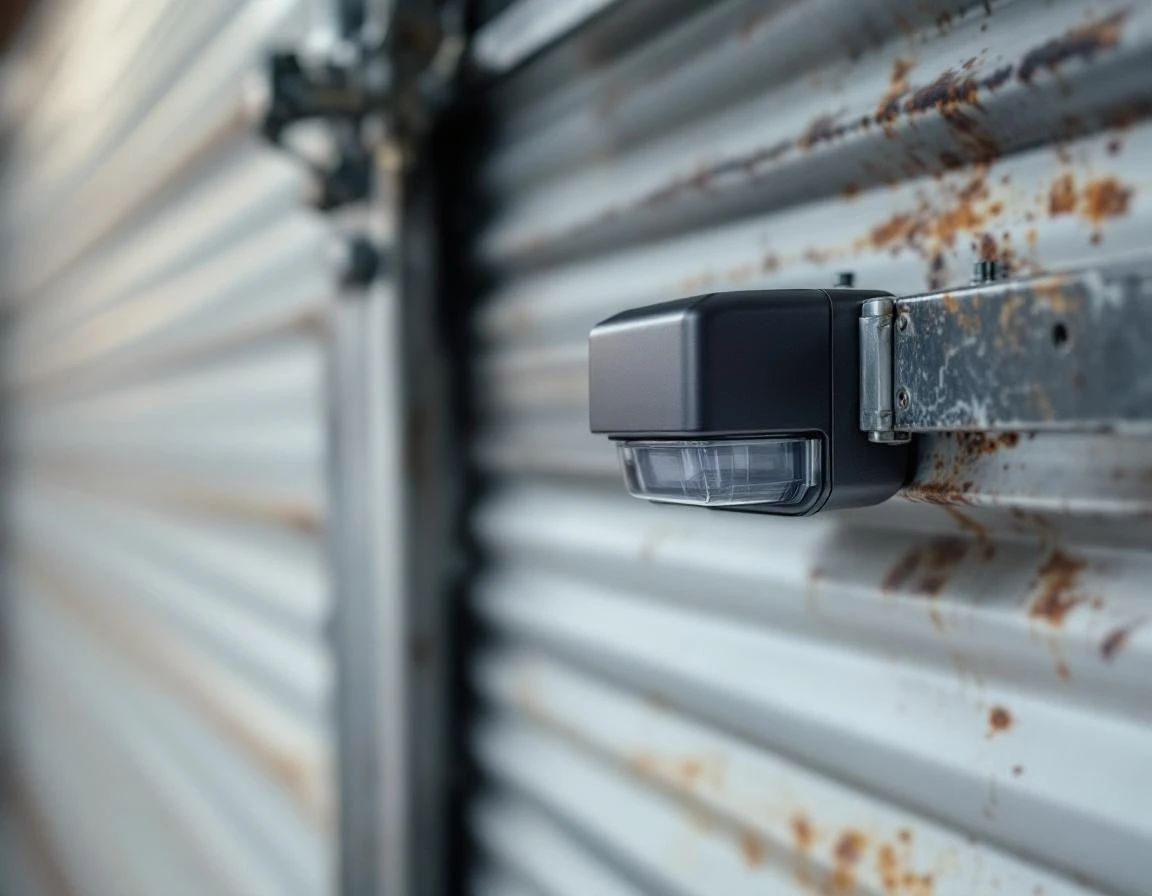 Garage door photoelectric safety sensor mounted on metal track rail in residential garage