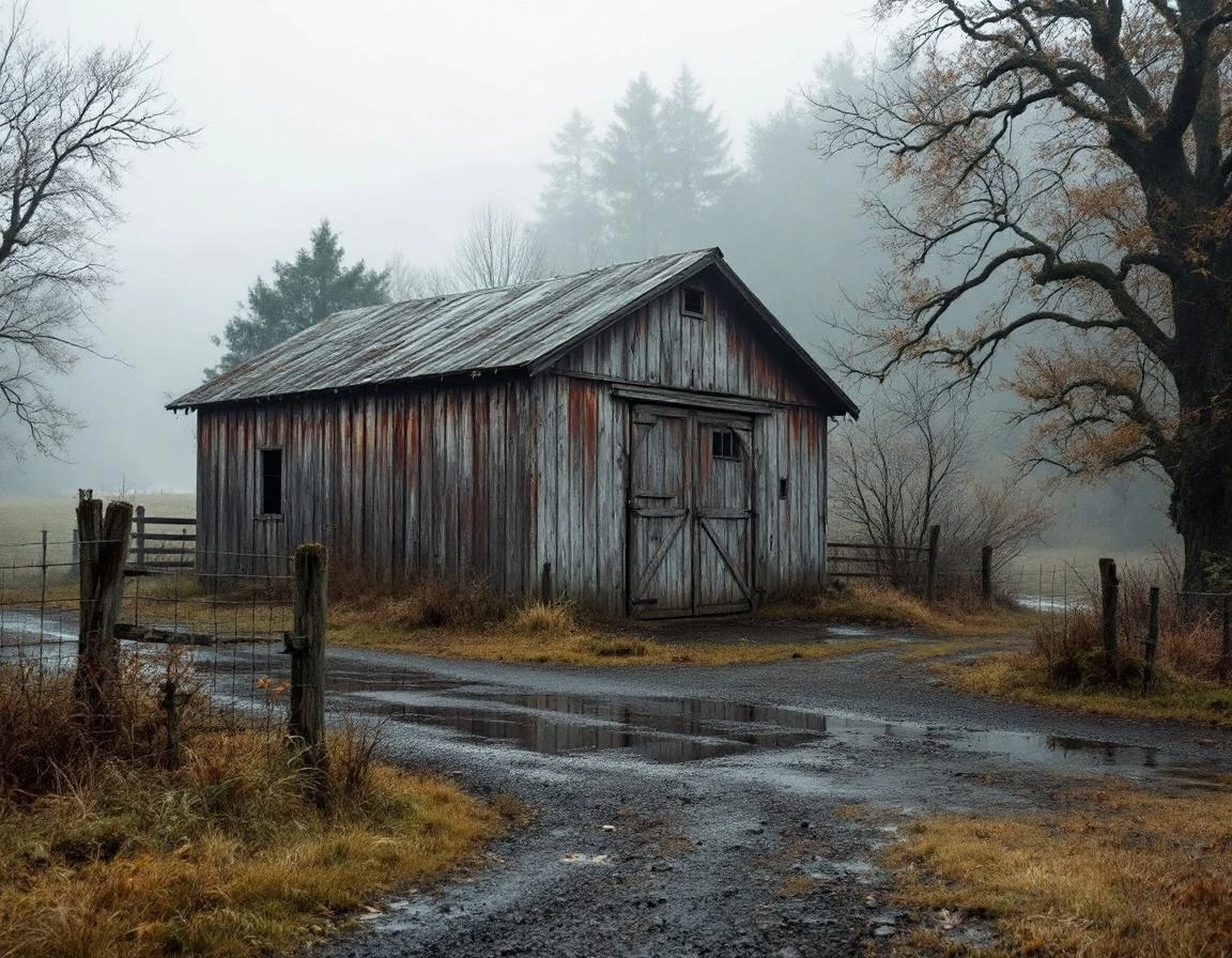 Weathered detached garage on rural Cornelius property with muddy gravel driveway during autumn fog conditions