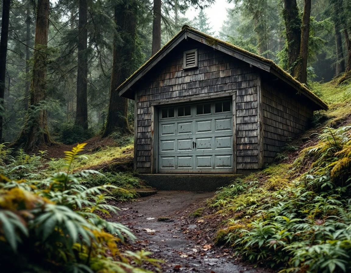 Detached garage on steep hillside with intact door seals and foundation drainage in forested Oregon City property