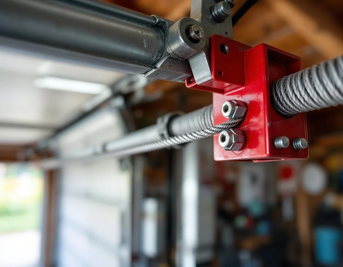 Heavy-duty safety cable mounted through bracket on oversized garage door spring system in agricultural outbuilding