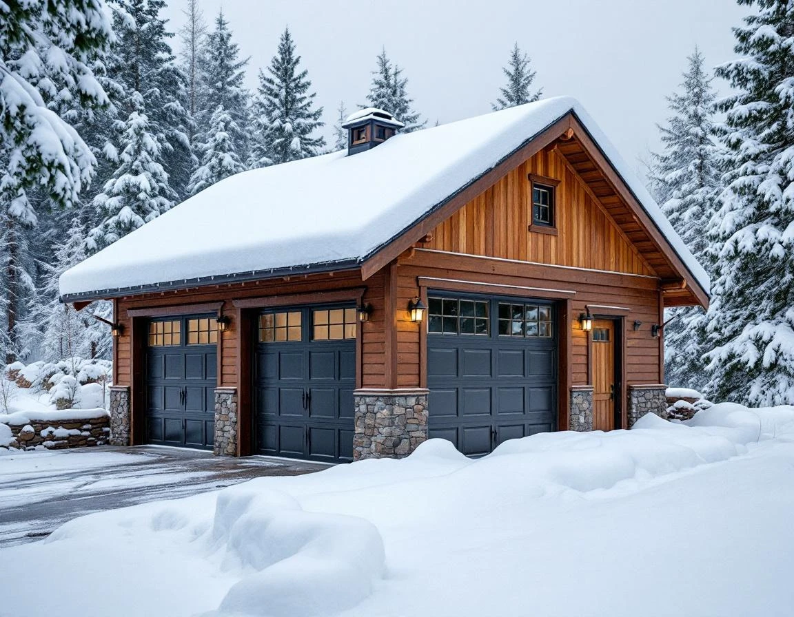 Two-bay garage with reinforced roof under heavy snow load in La Center foothills during winter
