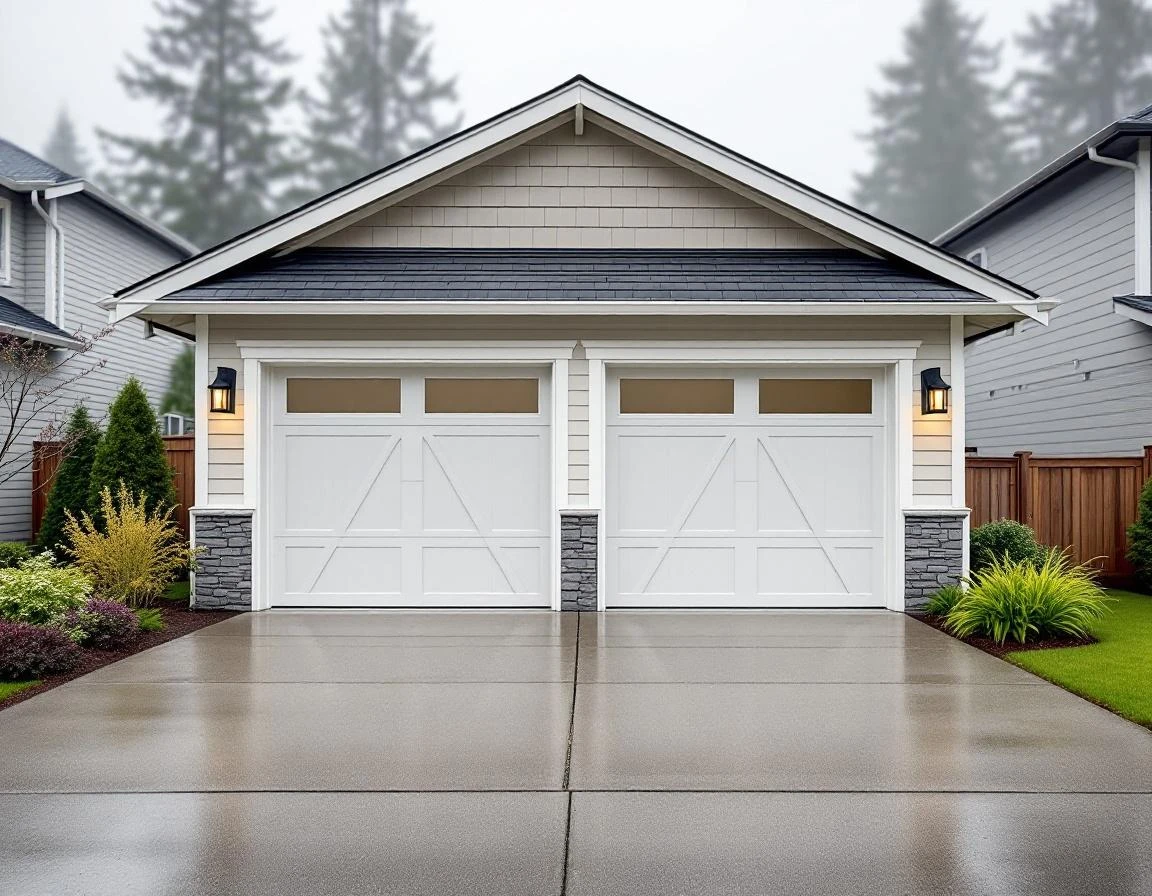 Two-car garage on modern Sherwood home with paneled doors and spring landscaping in overcast conditions