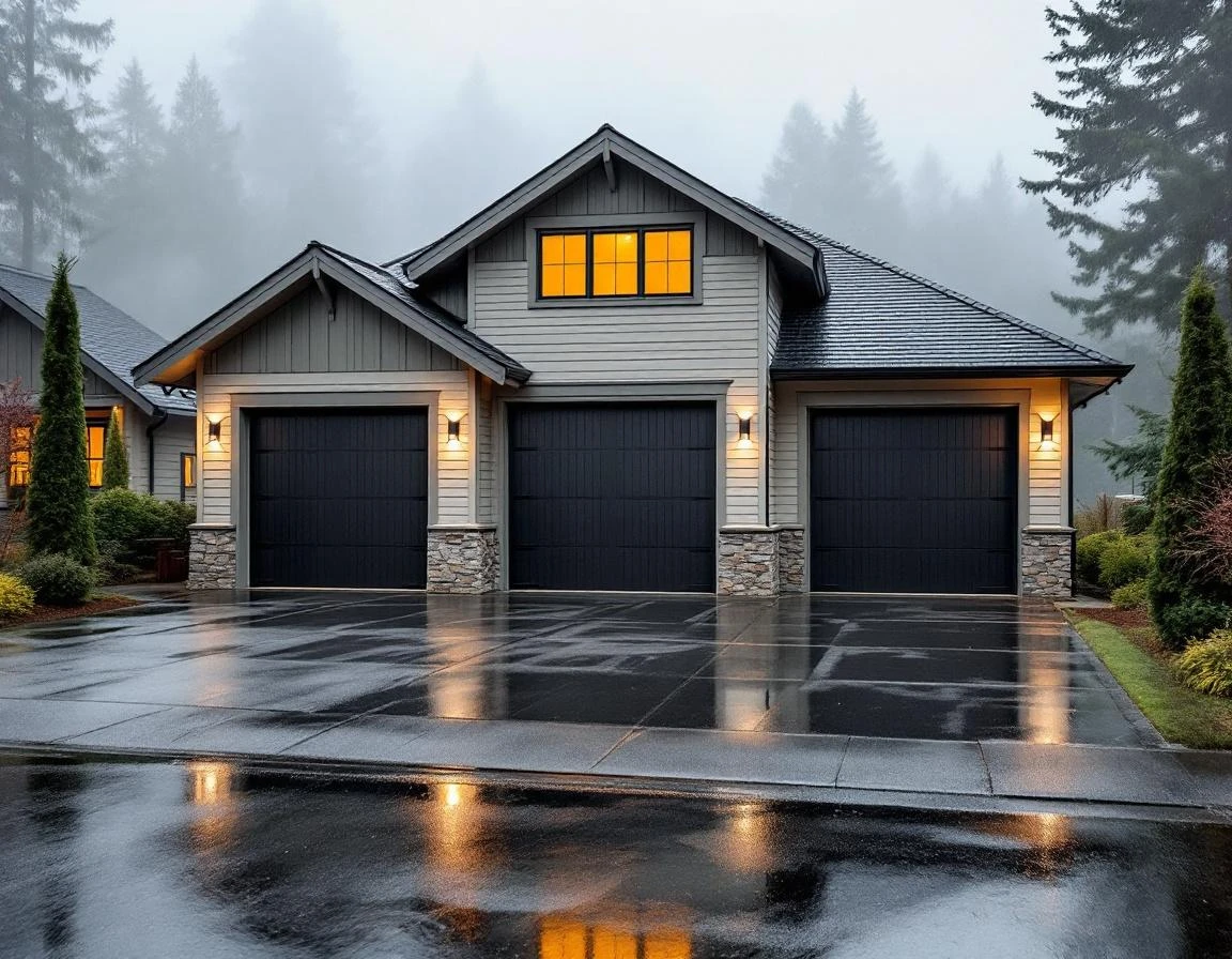 Three-car garage on modern Hillsboro home with wet driveway on foggy winter morning
