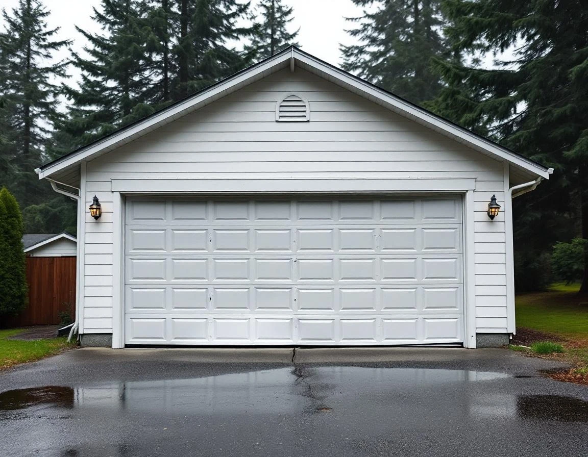 Wind-damaged garage door with bent panels and track separation after Columbia Gorge windstorm