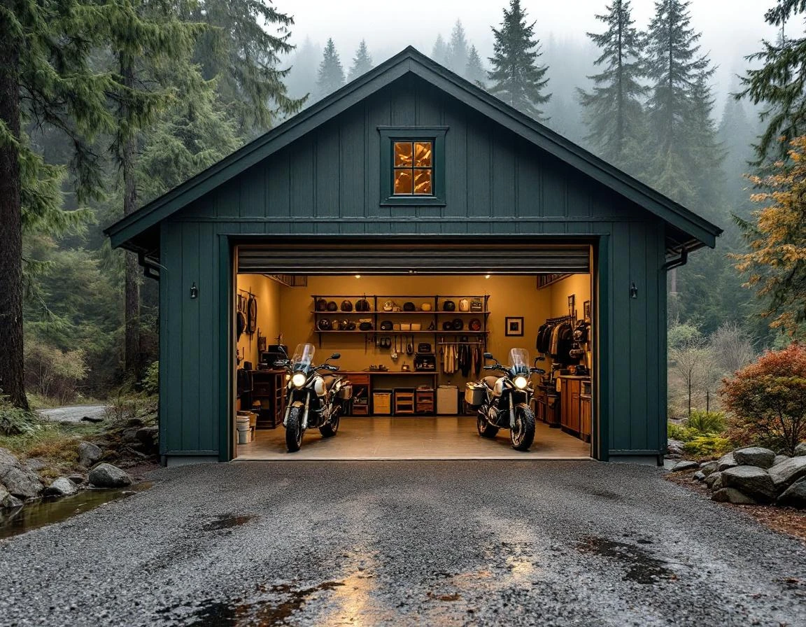 Detached garage in Estacada storing motorcycles and ATV with forest surroundings on overcast day