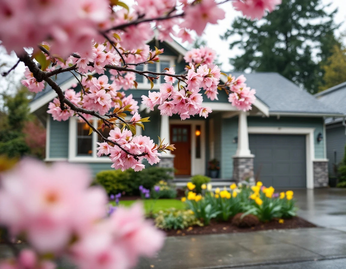 Craftsman home with garage door and spring garden featuring tulips and cherry blossoms in Portland neighborhood