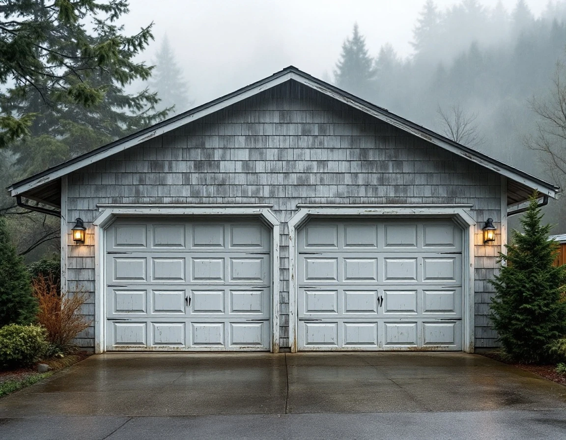 North Bonneville planned community home with two-car garage showing weathered siding and wind-rated door installation