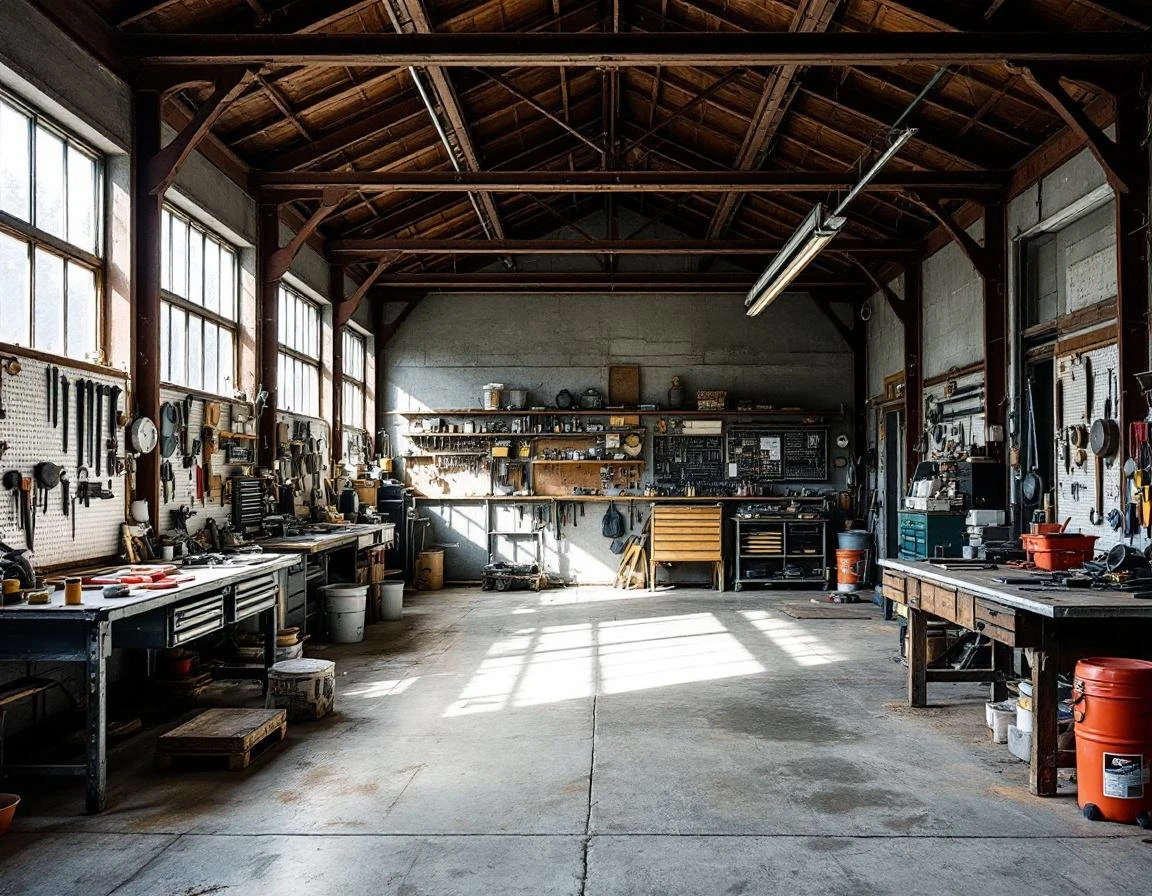 Workshop garage interior with exposed beams, concrete floors, and organized tool storage in Woodland foothills area