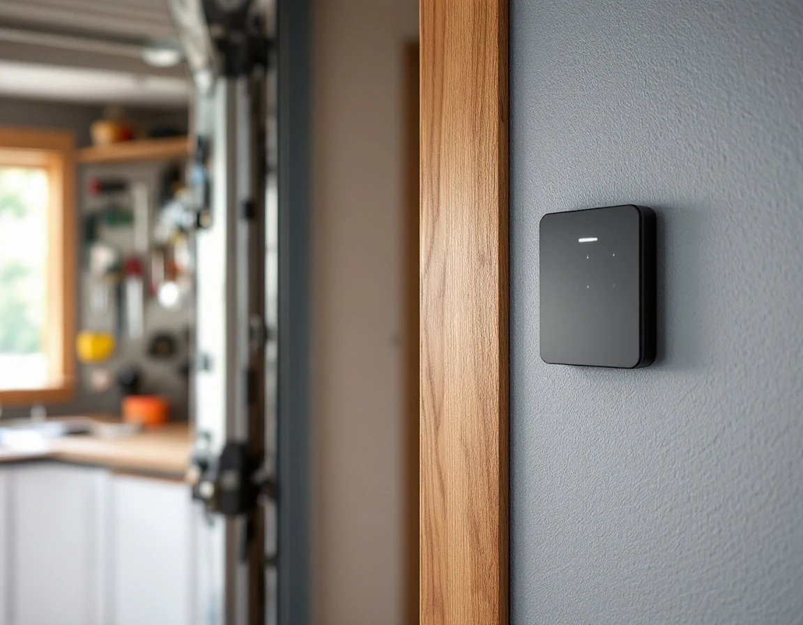 Smart security keypad mounted beside garage door in modern Portland home workshop
