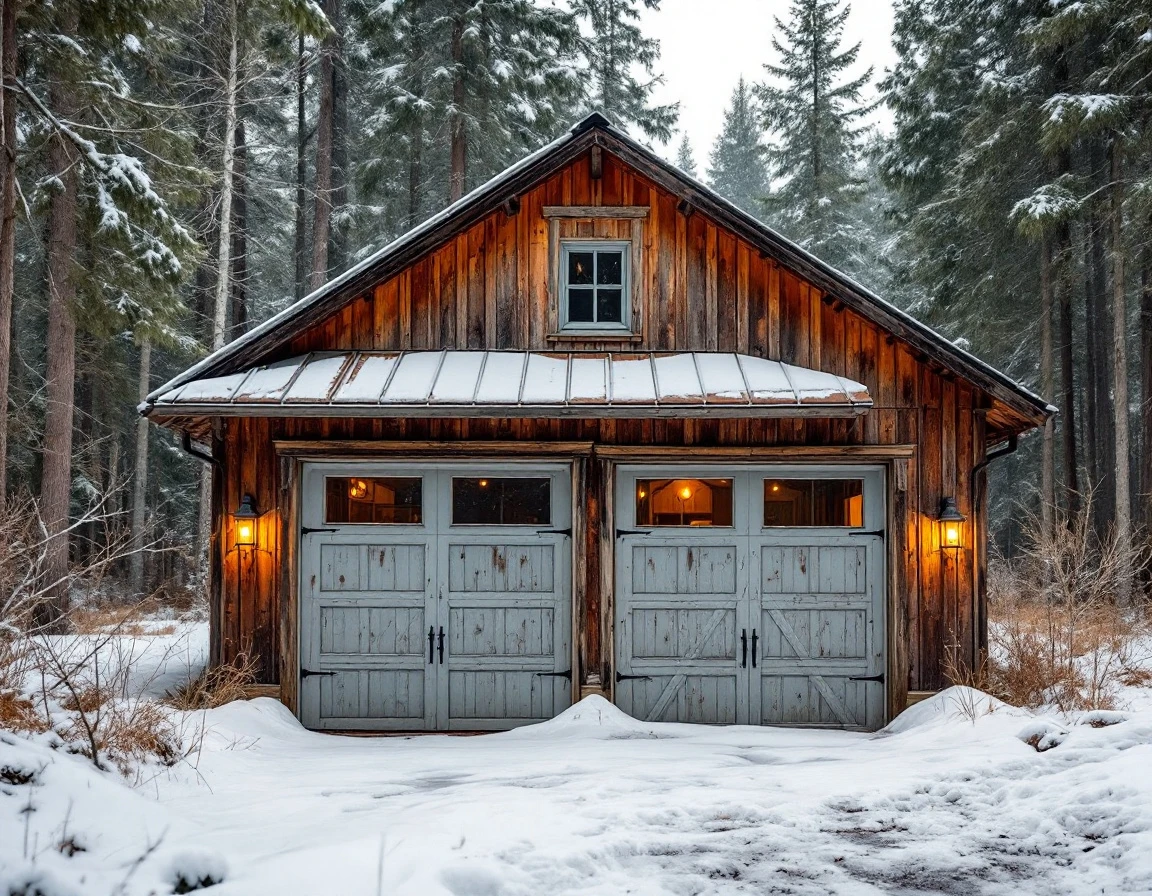 Weathered detached workshop garage with snow-covered roof in rural Pacific Northwest winter forest setting